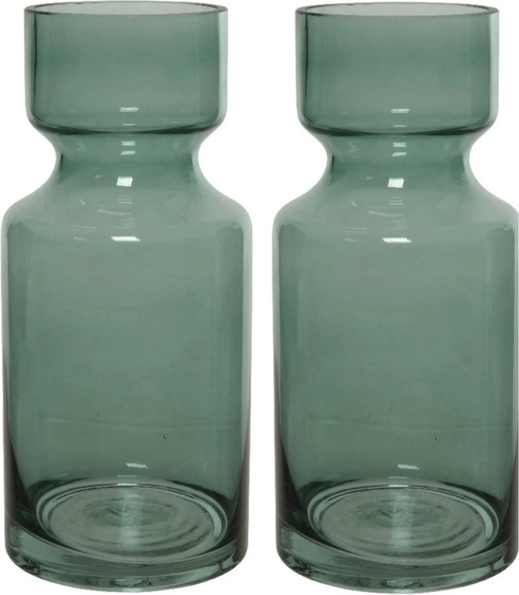 Decoris Set Van 2x Stuks Groene Vazen/bloemenvazen 3 Liter Van Glas 11 X 24,5 Cm - Glazen Vazen Voor Bloemen En Boeketten