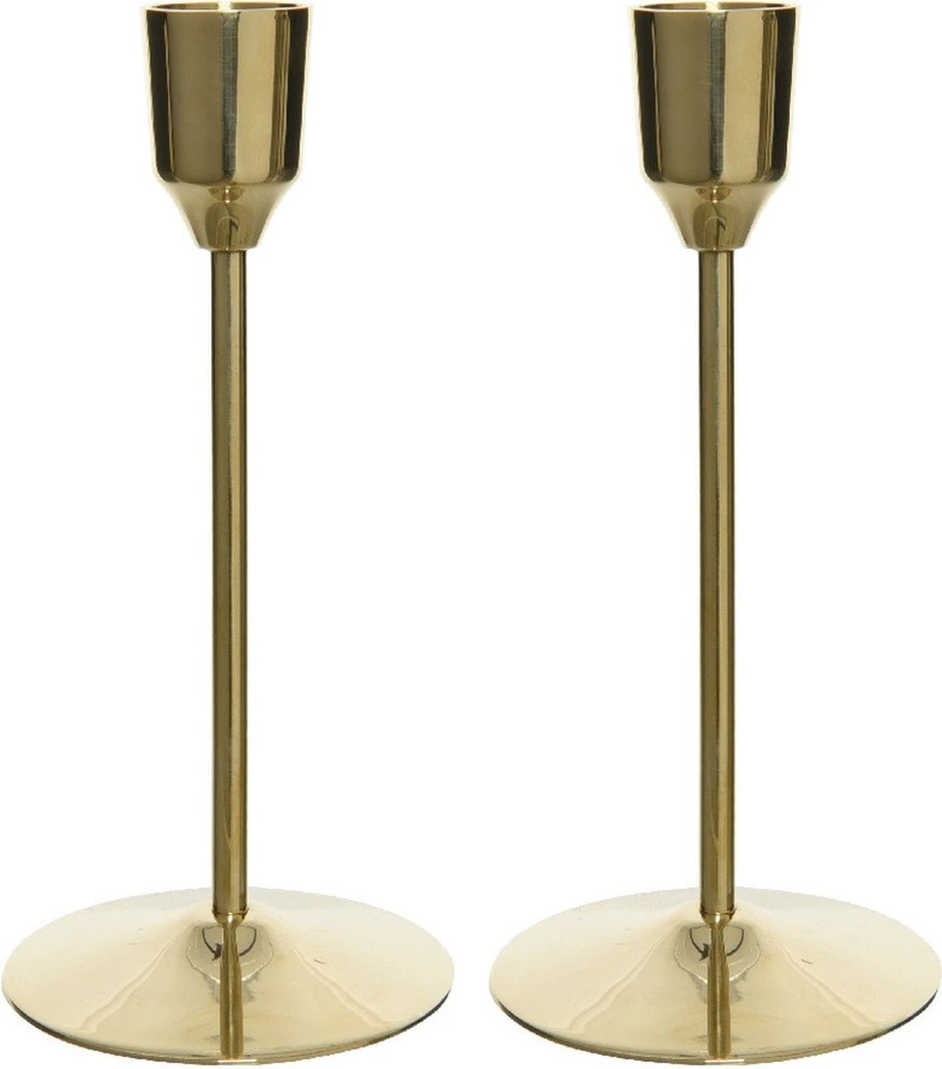 Decoris Set Van 2x Stuks Luxe Diner Kaarsen Staande Kandelaar Aluminium Kleur Goud 15 Cm - Diameter Onderkant 7 Cm