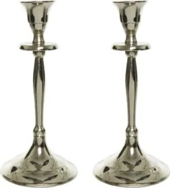 Decoris Set Van 2x Stuks Luxe Diner Kaarsen Staande Kandelaar Aluminium Kleur Zilver 20 Cm - Diameter Onderkant 9 Cm