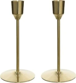 Decoris Set Van 2x Stuks Luxe Diner Kaarsen Staande Kandelaar Aluminium Kleur Goud 20 Cm - Diameter Onderkant 7 Cm