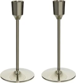 Decoris Set Van 2x Stuks Luxe Diner Kaarsen Staande Kandelaar Aluminium Kleur Zilver 20 Cm - Diameter Onderkant 7 Cm