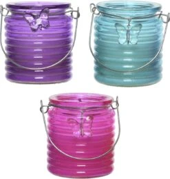 Decoris Set Van 3x Stuks Citronella Anti Muggen Kaarsen Windlicht Paars, Blauw En Roze 20 Branduren
