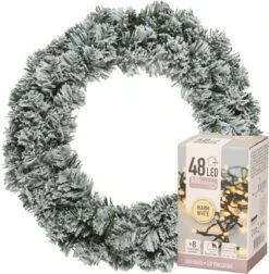 Decoris Kerstkrans - Groen Met Sneeuw - D35 Cm - Incl. Verlichting Warm Wit