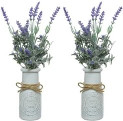 Decoris 2x Stuks Paarse Lavandula/lavendel Kunstplant 32 Cm In Witte Pot - Kunstplanten/nepplanten