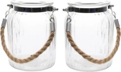 Decoris Set Van 2x Stuks Windlichtje/kaarsenhouder Van Glas Met Koordje 14,5 X 11 Cm - Voor Binnen En Buiten