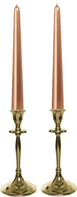 Decoris Kandelaars 2x Aluminium Goud 20 Cm Met 12x Rose Gouden Dinerkaarsen