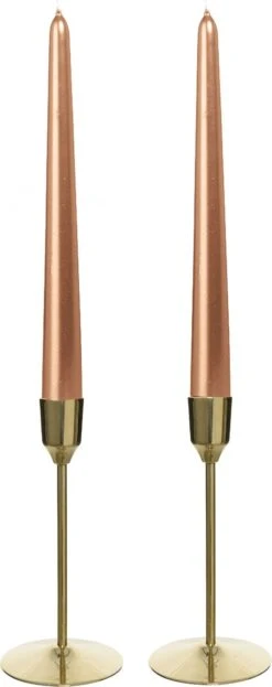 Decoris Kandelaars 2x Aluminium Goud 15 Cm Met 12x Rose Gouden Dinerkaarsen
