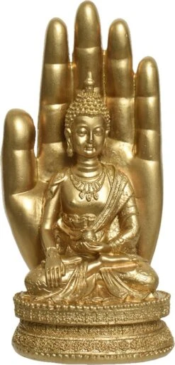 Decoris Boeddha Beeldje In Hand - Kunststeen - Goud - H19,5 Cm
