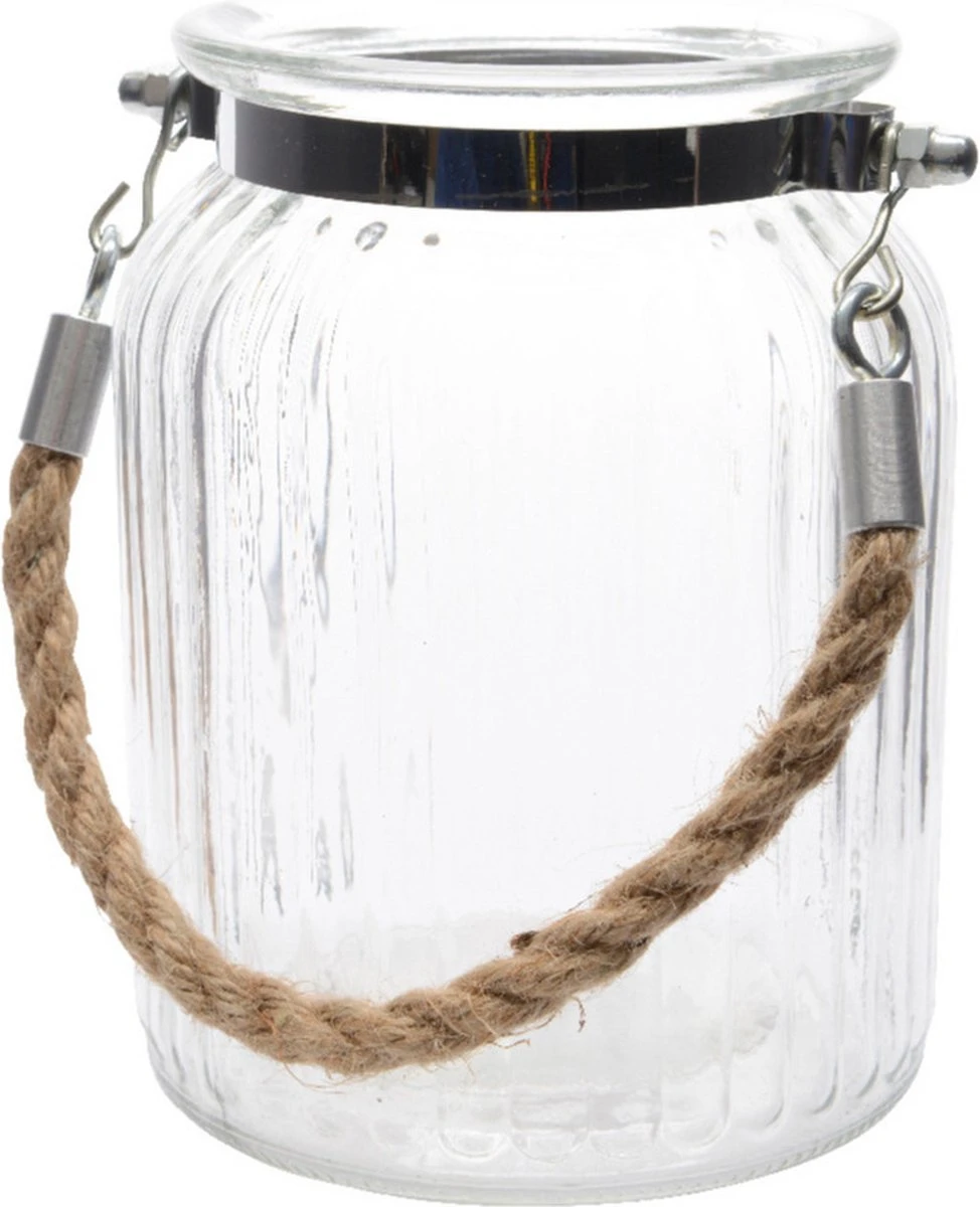 Decoris Set Van 2x Stuks Windlichtje/kaarsenhouder Van Glas Met Koordje 14,5 X 11 Cm - Voor Binnen En Buiten - Afbeelding 2