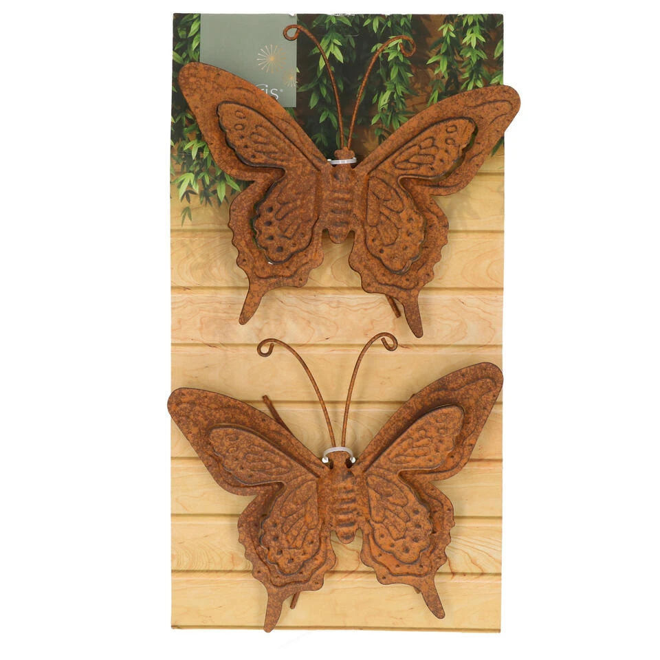 Decoris Muurvlinders - 2x - Tuindecoratie Vlinder - Metaal - Bruin - 23 Cm - Image 2